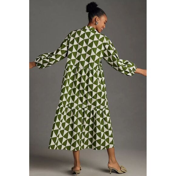 Maeve by Anthropologie Bettina Tiered Dress Size Medium Cotton Boho Green White - Picture 2 of 6